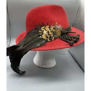 Vintage Woman'sred Hat 100% Wool w/ Feather Accent unbranded